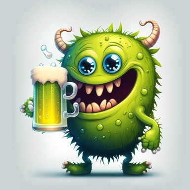 a clipart of a cute and happy little green monster, drinking a glass of beer