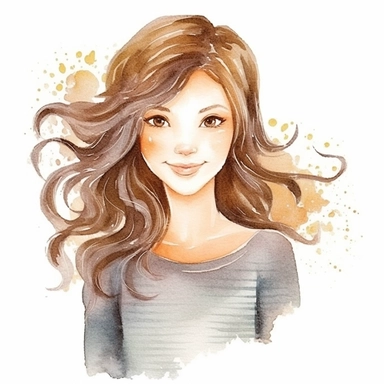 watercolour clipart of a woman, with crazy brown hair, blue-gray eyes, the sweet and scatterbrained dreamer, with a great sense of humor. She immerses herself in the world of digital design, creating exquisite papers for scrapbook albums. Though she may often forget things, her delicate touch and gentle nature shine through her artistry, make her smiling, exalted mood, white background, 8k, f1