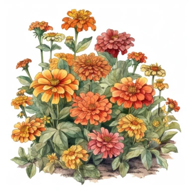 Design a watercolor clipart vignette of zinnia flowers blooming along a garden path, using the Michelangelo-inspired Watercolor Haven style on a white background. Highlight the delicate arrangement of zinnia flowers, their leaves, and accompanying foliage, perfect for adding a touch of charm and warmth to various designs.