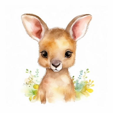 a dreamy baby kangaroo with kind eyes clipart with watercolor illustration,full body shot,8k,etsy style, white background
