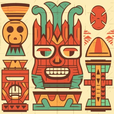 Create a series of captivating Tiki pattern clipart illustrations featuring dynamic and stylized designs. Draw inspiration from the iconic Tiki culture and its representation in mid-century modern aesthetics. Use bold lines and geometric shapes to create visually striking patterns that can be used for a variety of applications. Incorporate a warm and earthy color palette, including shades of brown, gold, and fiery reds, to convey the spirit of tropical paradise. These versatile clipart images ar