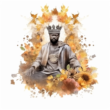 Watercolor floral African American king with a crown, radiating with fire in a pulpit, realism, earth tone colors, png format,Clipart, Sublimation, white background