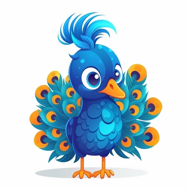 a simple vector illustration of a cute and funny peacock clipart in blue, indigo and orange colors, vector UHD, 8k