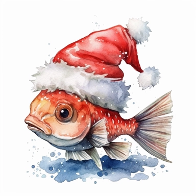 Watercolor, cute Christmas Tropical fish, with a red hat, coat and sack of gifts, PNG, winter, nursery, cartoon, highly detailed, watercolor, very high details, white background, clipart style