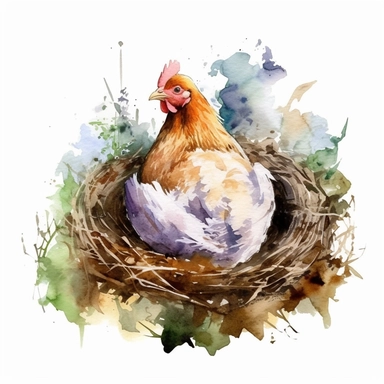 realistic watercolor hen sleeping on its nest with some eggs and chicks around on solid white background, clipart