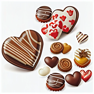 Valentine chocolate candy clipart, vector, on white background, heart shape cookies, hyper realistic, super detailed, photorealistic