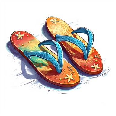 biological illustration, clip art, a pair of colorful flip-flops on a sandy beach, white background