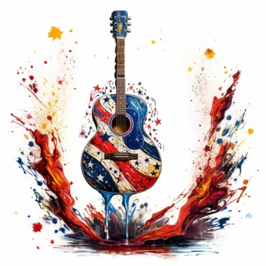 An acoustic guitar painted in stars and stripes, representing music and festivities, isolated on a white background, abstract expressionist style, clipart,