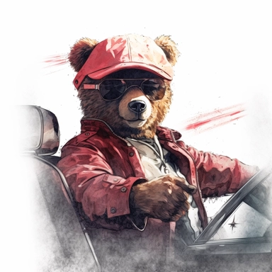 a clipart of a cool teddybear driving a car and holding a gun, white background, in the style of cyberpunk realism, chiaroscuro portraiture, street style realism, ultra he, Leica m6