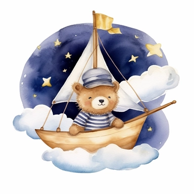 night sky clouds and a swarm of golden stars. a cute plushie sailor bear in a striped blue and white shirt and a sailor hat, in a wooden sailboat with a white sail, sailing on fluffy clouds not sea. dreamy. prominent visible brush strokes, watercolour texture, watercolor clipart png on white background