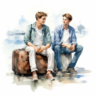 Travel Watercolor Clipart, two young men, best friends, 19 blue themed, single object, isolated on white background, highly detailed, hand painted watercolor illustration by Cath Kidston, Emma Bridgewater, png transparent background, white background for removing background - - no text shadow font watermark