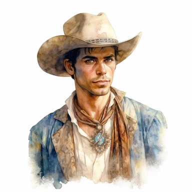 beautiful stunning handsome vintage cowboy young man, tarot style, paint art style, clipart, white background, superrealistic, one of a kind