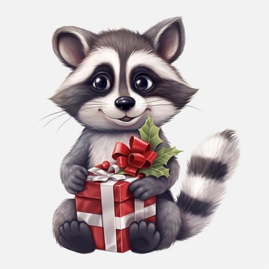 a raccoon holding a christmas gift on a white background, clip art vector, funny, hyperealistic, full hd
