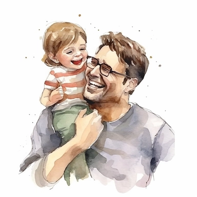 Father and child sharing a special moment of laughter or tickles, water color style, clipart, white background