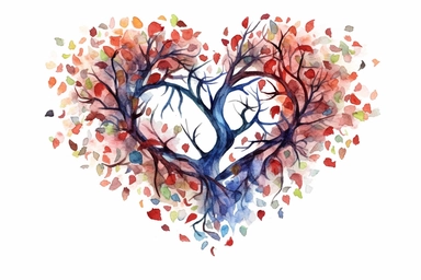 Watercolor, Design a heart shape using intertwined tree branches and leaves clipart, hd, on a white background, spaced out