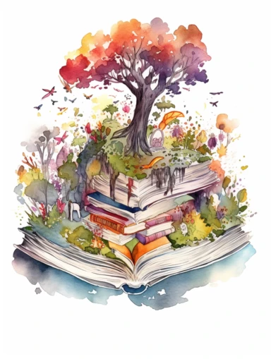 Watercolor clipart with white background, open book, magical fantasy kingdom, secret garden, flat design, clearly defined, high quality clipart