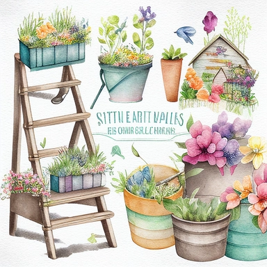 Watercolor Spring Planters Clipart - springtime cute planter boxes and garden ladders