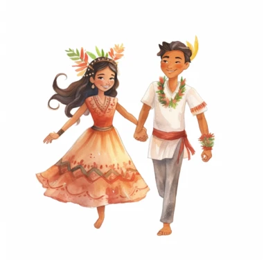 Asian bride and Indigenous groom, holding hands with joy, radiant and joyful expressions, watercolor, Pixar style, Clipart on a white background.