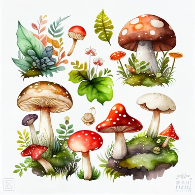 large, Watercolor graphic, Mushrooms Clipart - cute forest nature toadstool clip art, white background, landscape, clump of mushrooms, moss, woodlands