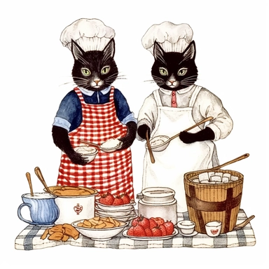 vintage cute cats baking, wearing clothes, in the style of edward gorey, clipart, white background