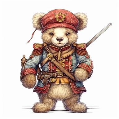 Adorable cute fantasy Teddy bear dressed like a Grenadier, nursery art, clipart image, lineart image, white background, very detailed, 8k