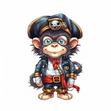 pirate cute monkey sublimation clipart, detail, illustration style, high solution, on the white background