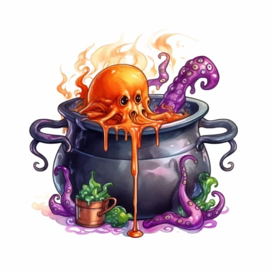 hand drawn black cauldron with bubbling potion, large bone in the cauldron, an octopus tentacle coming out of cauldron and hanging on the side, Halloween, purple orange and green shades, fantasy, glamorous, clipart style, detailed and realistic, watercolor, white background with margins
