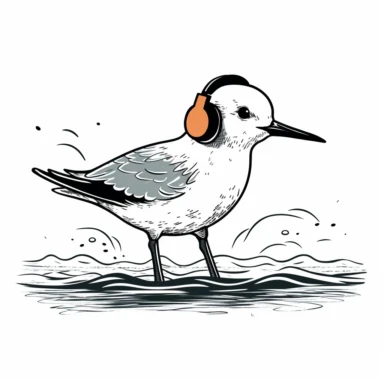 whimsical clipart sand piper wearing headphones listening to music, eyes closed, isolated white background, contour, minimalist