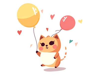 Birthday cat, jumping on a ballon, cute, party, clipart, simple shapes, kawaii, kitten, Japanese, exited, white background