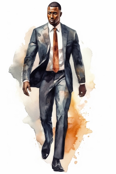 No text Watercolor Clipart Athletic MUSCLE Man in Suit Businessman Handsome Black Skin full body on white background