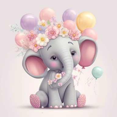 a detailed very colorful vector Clipart image sticker of a beautiful majestic magical floral smilling baby elephant and pastel pink balloons colors holding balloons with a white background, pastel light colors, fall colours, gold ropes, photorealistic, cinematic, Cinematic, Color Grading, Editorial Photography, Photography, Photoshoot, Shot on 70mm, Ultra-Wide Angle, Depth of Field, DOF, Tilt Blur, Shutter Speed 1/1000, F/22, Gamma, White Balance, Neon, Light, Dark, Light Mode, Dark Mode, High C