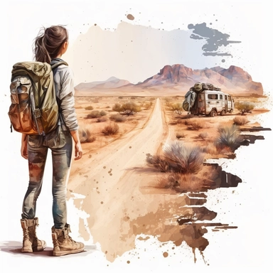 Beautiful travel themed design. Young girl with backpack looking at the landscape. Road illustration. Camping concept clipart. on a white background, watercolor, hyperrealism, high detail, separate elements, set