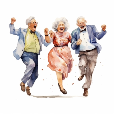 a watercolor clipart image with a white background, featuring cute sweet extremely happy three cartoon elderly people dancing