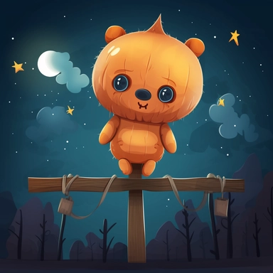 cute stuffed animal with a pumpkin head hanging on a wooden stick, fence and night sky background, kids style, halloween, 2D, vector, good quality, Pixar children's book illustration, vector, cartoon character, hand drawn, clipart