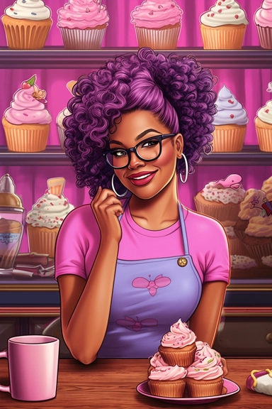 gorgeous sweet black woman, clipart, cartoon illustration, cupcake prodigy, christa mckenzie pose and head pose photos a new cupcake business website, in the style of vibrant pink & purple bakery backdrops, synthetism-inspired, pop cultural, 32k uhd, smilecore, embroidery art, bold curves