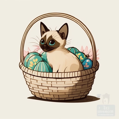 clipart of very cute siamese kitten, playing in a basket full of easter eggs, solid white background, in the style of mary blair, vintage disney animation style
