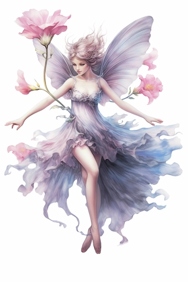 detailed pastel pencil illustration of cute flower fairy, dancing, clipart, plain isolated white background, 8k ultra detail high sharpness