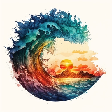 watercolor detailed ocean wave with sunset behind clipart, white background, no text