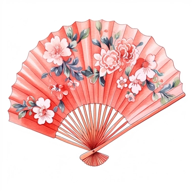 a cute one Japanese Folding Fan , decorate with japanese motifs ,watercolor Sublimation graphics, hand drawn illustration by katie daisy, Watercolor clipart, single design, single object, print on demand image, PNG transparent background, white background for removing background - - no text shadow font watermark, 8k