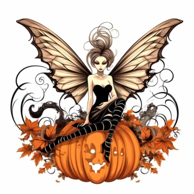 Halloween fairy, clipart, large orange,wings, black white stripes, pumpkin, isolated on white background, in the style of Amy Brown, beautiful fall floral, bright color, crisp lines, chaos 8