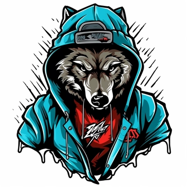 clipart wolf graffiti style whit hiphop cap and hoddie
