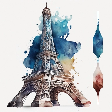 realistic eiffel tower watercolour style clipart with white background
