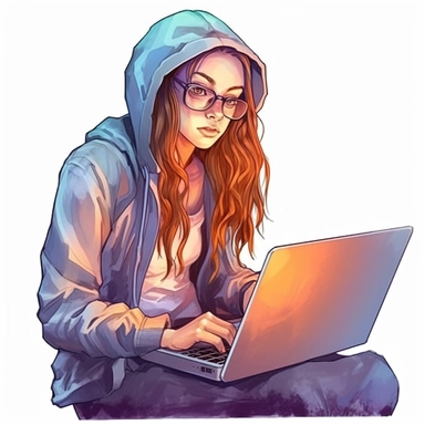 girl working on a laptop, cool hacker clothes, long hair, glasses, watercolor style, clipart solid white background