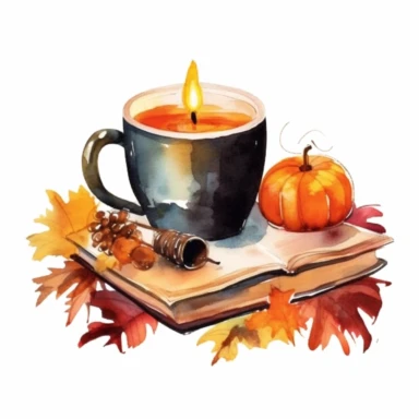 Cozy living room coffee table with candle professional photography editorial, scented candle closeup, autumn mood, watercolor, isolated on white background, in the style of hyper realistic illustrations, on a white background. clipart