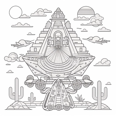 Spaceship, combine Mexican and Egyptian pyramides 5b887445-1ac4-44a1-97ca-12fa2278b91f , Contour Drawing, surreal fantasy abstract drawing, texture. 2D, symmetric, in the style of line art coloring page, black and white, vector drawing style, clipart, white background