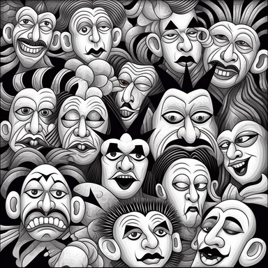 black and white coloring page for adults, lots of clowns , in the style of ominous vibe, monochromatic white figures, fine lines, creative commons attribution, wallpaper, childs drawing, animated exuberance, no shading, clipart