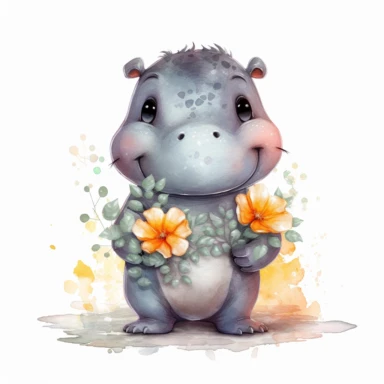 a standing up baby Hippo with cute big eyes, happy smiling face, cute animal, adorable, playful atitude, adorable watercolor animal clipart with a few plant and flowers decor, no background, high quality very sharp with clear focus