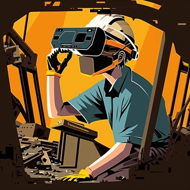 excavator cockpit, worker wearing vr headset, virtual reality hmd, poster, simplistic, abstract, vector, 2d illustration, clipart, few colors