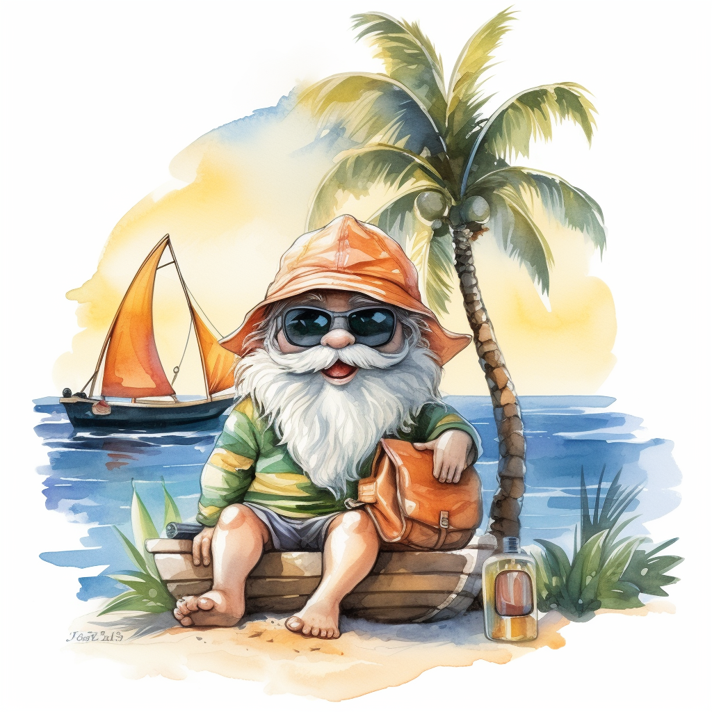 gnome sailor on yacht in Hawaii beach outfit, vibrant color, clipart ...