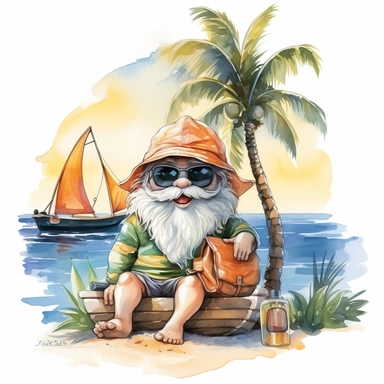 gnome sailor on yacht in Hawaii beach outfit, vibrant color, clipart, watercolor illustration, white background